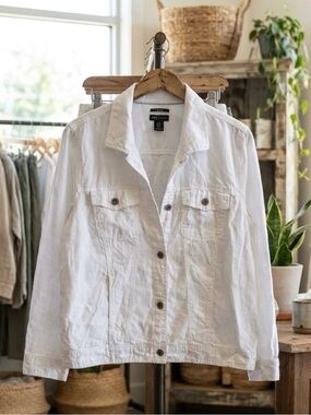 Women’s White Linen Button-Front Denim Jacket - Lightweight Jean style Jacket